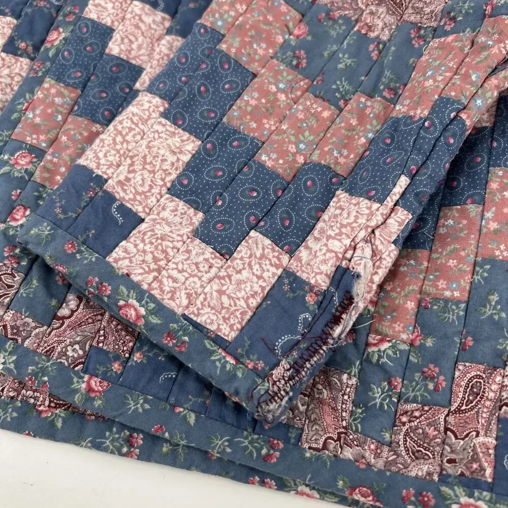 Vintage Handmade Quilted Jacket Womens Size L Blue Pink Floral Cottagecore - Picture 7 of 10
